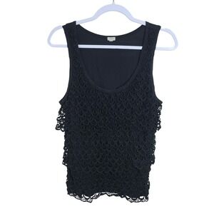 J.Crew Black Scalloped Crochet Tiered Tank Top M Edgy Boho Elevated Casual Indie